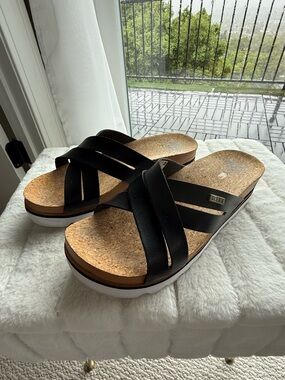 Reef Cushion Bloom Hi Platform Cork Strappy Slides, Size 8